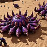 **Zergling Micro-Control Frenzy:** A swarm of Zerglings aggressively surrounding and overwhelming a group of Terran Marines on a battlefield littered with craters and Sci-Fi debris. The Zerglings are depicted with sharp claws and teeth, while the Marines are desperately firing back. Include elements of high-speed action and intensity, focusing on the Zerg's superior numbers and flanking maneuvers.