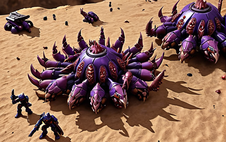**Zergling Micro-Control Frenzy:** A swarm of Zerglings aggressively surrounding and overwhelming a group of Terran Marines on a battlefield littered with craters and Sci-Fi debris. The Zerglings are depicted with sharp claws and teeth, while the Marines are desperately firing back. Include elements of high-speed action and intensity, focusing on the Zerg's superior numbers and flanking maneuvers.