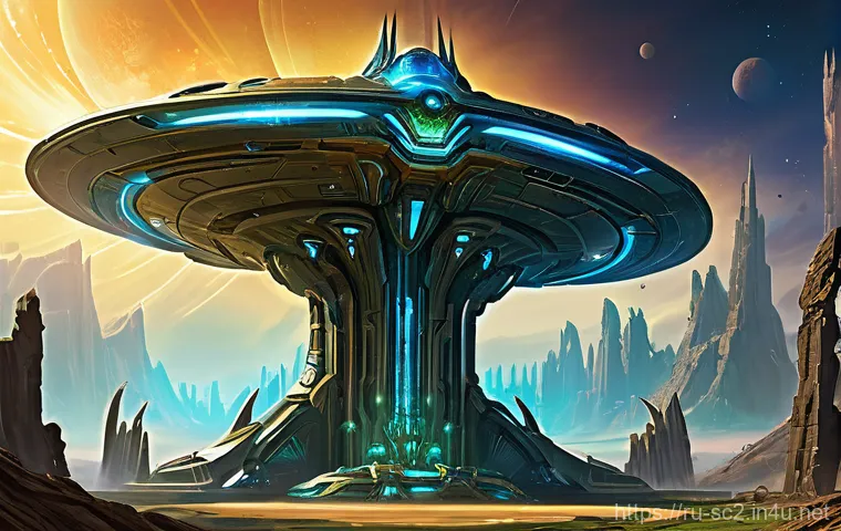스타크래프트2 밸런스 패치 내역 - A dynamic illustration of a Protoss Mothership Core, radiant with psionic energy, hovering strategic...