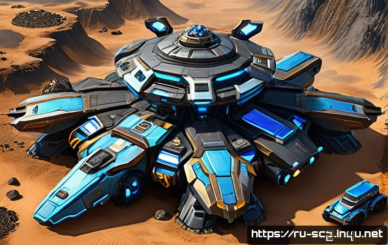 스타크래프트2 실시간 전략 배틀 - A detailed futuristic Terran base in StarCraft 2, showcasing advanced defensive structures like miss...