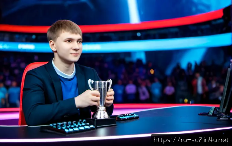 스타크래프트2 대회 우승자 리스트 - Photorealistic esports championship scene in a modern Moscow arena, a focused young Russian professi...