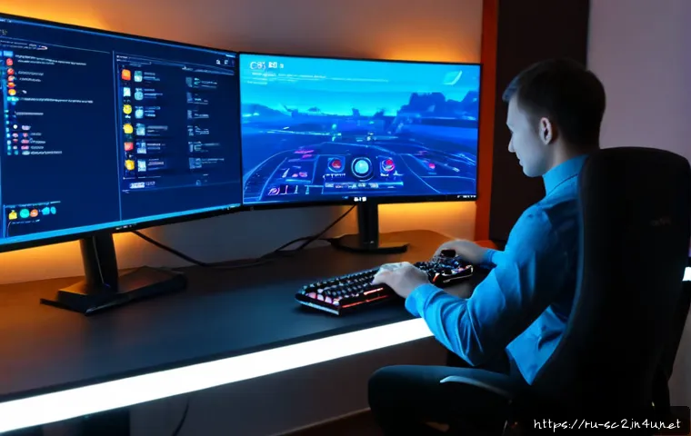 스타크래프트2 UI 설정 팁 - Photorealistic gaming desk in a modern Moscow apartment at dusk, focused adult gamer adjusting color...