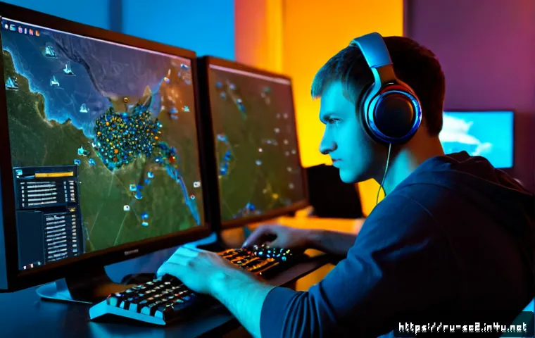 Home 17 스타크래프트2 인기 유즈맵 - Photorealistic Russian gaming café scene, focused young adult player wearing headphones at a clean d...